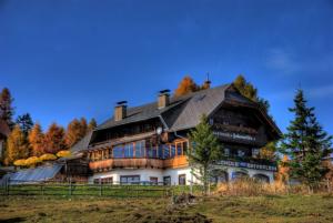 a large house with a gambrel roof on a field at Panoramahütte Hochrindl in Hochrindl