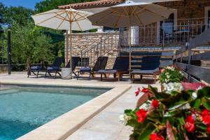 a pool with chairs and umbrellas next to a house at House Matija in Svetvinčenat +37 photos