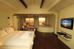 1 dormitorio con 1 cama, TV y bañera en נופי גמלא, en Ma'ale Gamla