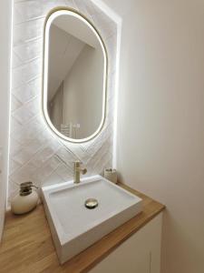 un bagno con un lavandino bianco e uno specchio di Cottage a Pontivy