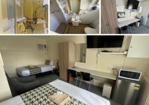 two pictures of a room with a hospital room with a bed and a room with at Warren Motor Inn in Warren