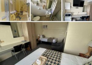 two pictures of a hotel room with a bed and a bedroom at Warren Motor Inn in Warren