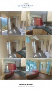 a collage of four pictures of a room at Rangoli cafe and home stay in Vashisht