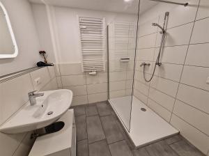 因斯布鲁克Grand Central Apartment的带淋浴和水槽的白色浴室