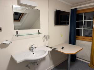 een badkamer met een wastafel en een spiegel bij DASCO Isenthal in Isenthal