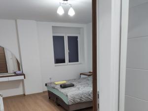a bedroom with a bed and a mirror at Milenov Beli Kamen in Prokuplje