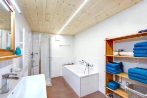 a bathroom with a tub and a shower and a sink at Bauernhof Fendrig Neue Wohnung in Haslen
