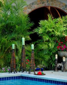 un grupo de velas sentado en la parte superior de una piscina en Almond Tree Hotel Resort en Corozal