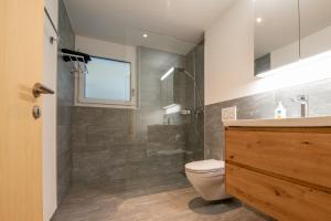 a bathroom with a shower and a toilet and a sink at Gommer Sunna - Joderestutz in Reckingen - Gluringen