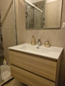 a bathroom sink with a mirror and a shower at Elegantia Domina apartment in the center in Fiumicino