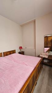 een slaapkamer met een groot bed met een roze deken bij Khatuna Home in Tskaltubo