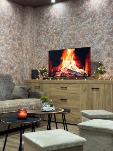 een woonkamer met open haard en tv bij DP Lux apartman Obrenovac,sa parkingom in Obrenovac