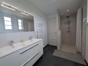 a white bathroom with a sink and a shower at La Maison des Vergers in Teloché +10 photos
