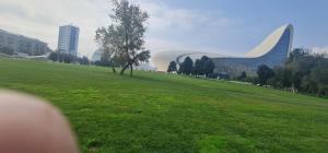 a person standing in a field with a building at Tsentr Geidar Aliev Apartment in Baku