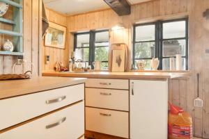 a kitchen with wooden walls and a counter with a sink at Quiet Hideaway Surrounded By Nature in Vesterborg