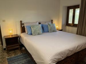 a bedroom with a large white bed with blue pillows at Casa Laiazzo Bed & Breakfast in Cairo Montenotte