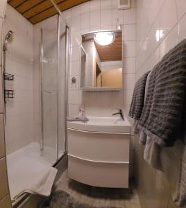 a white bathroom with a sink and a shower at Knaller der Reiterbauernhof in Reisach