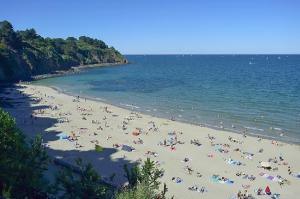 un groupe de personnes sur une plage avec l'océan dans l'établissement L'HERMINE - pour 2 personnes, proche de la plage, à Binic 9 autres photos