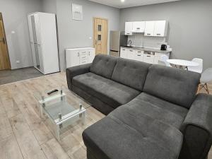 a living room with a couch and a kitchen at Noclegi Jodłowa in Świdnica
