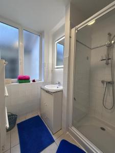 a bathroom with a shower and a sink at Le Petit Cocon de Pleyben in Pleyben