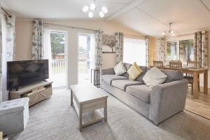 un salon avec un canapé et une télévision dans l'établissement Reynards Retreat Lodge with Hot Tub, à Barmby on the Moor