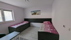 ein Zimmer mit zwei Betten und einem Tisch in der Unterkunft Ferienwohnung Schusi Kesselsdorf in Kesselsdorf