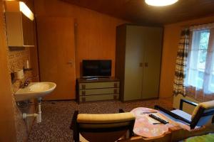 a bathroom with a sink and a tv and a sink at Bühlengasse 6 in Grindelwald +16 photos