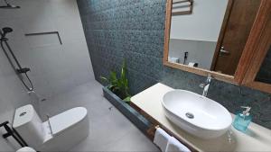 a bathroom with a sink and a toilet and a mirror at Pearl Villa in Fulhadhoo +33 photos