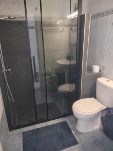 a bathroom with a shower and a toilet and a sink at Sea & Serenity - Balcony Daydreaming in Neos Marmaras +34 photos