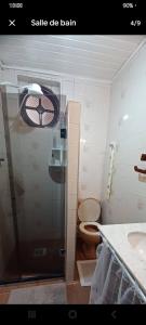 ein Badezimmer mit Dusche, Toilette und Waschbecken in der Unterkunft casa dos MORAIS in Angra dos Reis