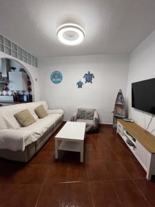 a living room with a couch and a tv at Casa Tortuga 1era linea de playa in Alcalá