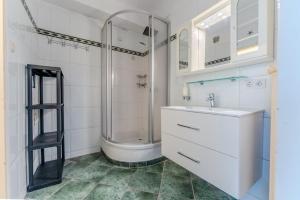 多瑙河畔克雷姆斯Central apartment by Train Station Krems的带淋浴和水槽的白色浴室