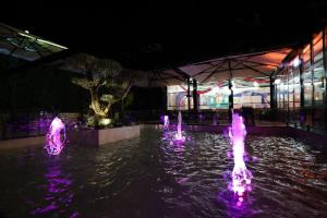 una fuente frente a un edificio con luces púrpuras en Si'Hana Hotel, en Elbasan