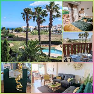 a collage of pictures of a house with palm trees at Presqu'île de la Lagune - Piscine - Mer & Nature in Saint-Cyprien