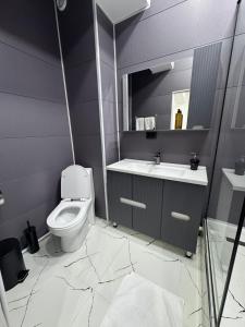 a bathroom with a toilet and a sink and a mirror at Отель Жанатас in Zhangatas