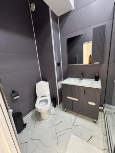 a bathroom with a toilet and a sink and a mirror at Отель Жанатас in Zhangatas
