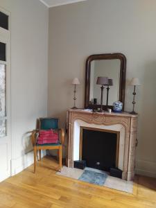 a living room with a fireplace and a mirror at Suite confortable plein cœur du village in La Clayette