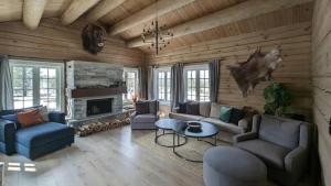 una sala de estar llena de muebles y una chimenea en Tømmerhytte Ved Historiske Senhovd, en Veggli