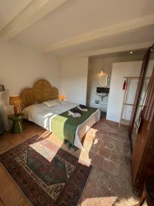 un dormitorio con una cama y una alfombra en Maison pure style provençale-jardin clôturé-4 pers, en Collorgues