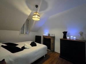 een slaapkamer met een groot wit bed en een licht bij Le B & W in Le Mans