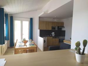 a kitchen and living room with a table and a dining room at Le cheiron in Coursegoules +20 photos