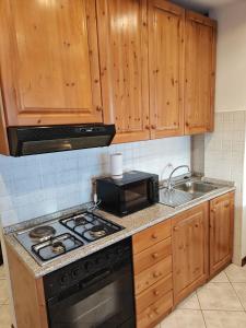 a kitchen with a stove and a sink at La Baita del Sagittario in Prato Nevoso