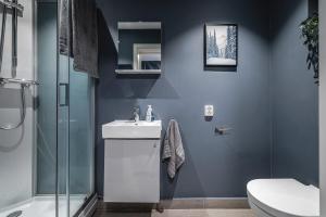 ein blaues Bad mit einem Waschbecken und einem WC in der Unterkunft Spacious Hemsedal home with ski slope view in Kyrkjebøen + 27 Fotos