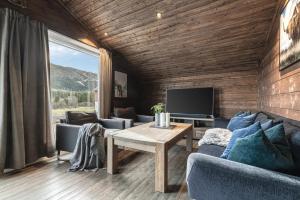 ein Wohnzimmer mit Sofa und Fernseher in der Unterkunft Unique 'Stabbur' in Hemsedal, view to skislopes in Kyrkjebøen