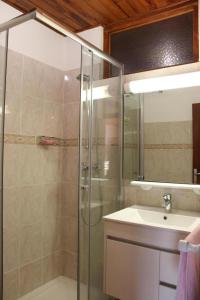 a bathroom with a glass shower and a sink at Chez memene in Valdeblore