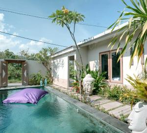 Ein Swimmingpool vor einem Haus mit einem lila Kissen in der Unterkunft Villa Soluna Lovina in Lovina