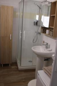 a bathroom with a shower and a sink at L'ecureuil de luceram in Lucéram