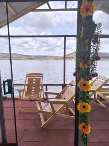普诺Mary Titicaca lodge uros的坐在码头上靠近水面的一组椅子
