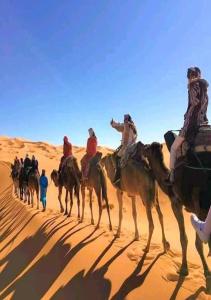 a group of people riding on camels in the desert at Desert cmp luxury in Merzouga