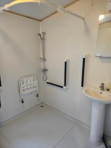 a bathroom with a shower and a sink at KMH Caravans at Flamingo Land in Kirby Misperton